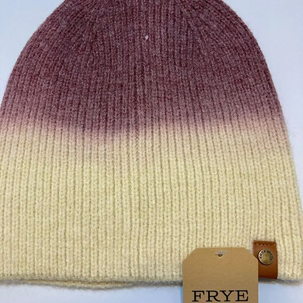 Frye‎ & Co Port Royale Dip Dye Beanie Aubergine Butter Creamy Tan Knit Cap-OSFM